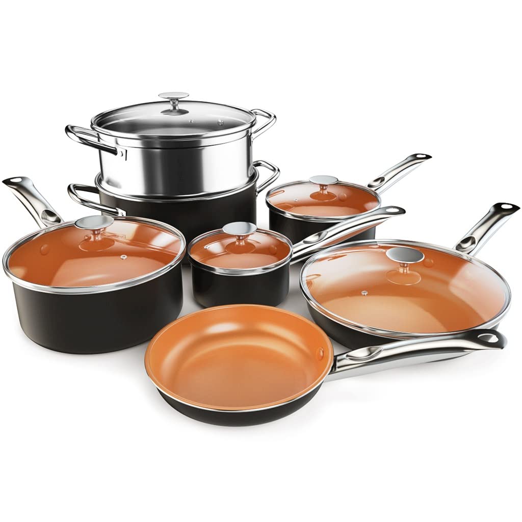 BONOOL 12-teiliges Kochgeschirr-Set Nichtstick-Wok-Kochtopf-Abdeckung Induktionskocher Gas Wok Pan Brat Pan Geschirr