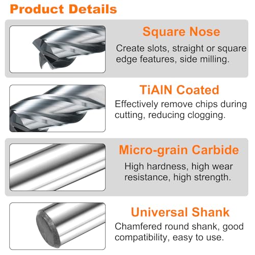 Image of HARFINGTON Carbide Square Nose End Mill Bit 7 /16 inch Cut Dia 4 Flutes TiAlN Coated Milling Cutter for Hardened Steel Metal (7 /16 inch Shank 1 inch Cut Length 2-3 /4 inch Long 30 Degree Helix HRC53-55)