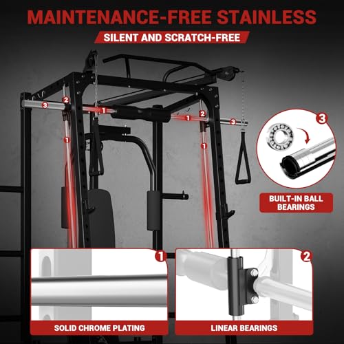 Smith Machine, 2000LBS Squat Rack for Home Gym, Multi-Function Power Cage Cable Crossover System Strength Training Equipment, Lat Pulldown Machines with 8 Weight Storage Pin, T-Bar and More