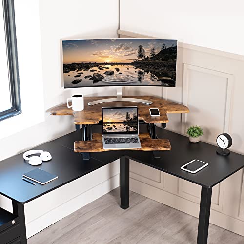 Image of VIVO Rustic Vintage Brown 43 inch Corner Desk Converter, DESK-V000VCN | Large, Height Adjustable, Stand Up Desk Riser, Wide Keyboard Tray, Dual Monitor and Laptop Workstation, Black Frame, V Series