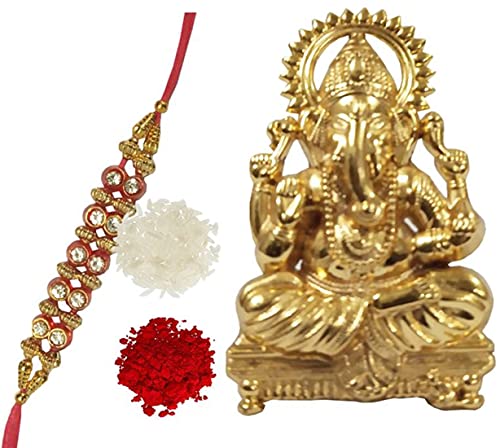 Image of Purpledip Bhai Dooj Rakshabandhan Gift Set: Small Ganesha Statue, 1 Designer Rakhi, Roli Chawal Tika (rakhi73)