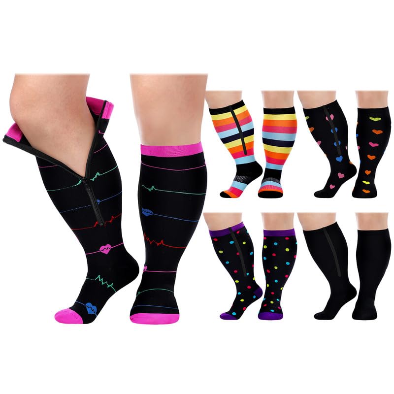Breathffy 5 Pairs Plus Size Zipper Compression Socks 20-30 Mmhg