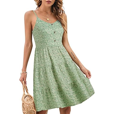 YATHON Sundresses for Women Casual Summer Beach Sleeveless Spaghetti Strap Dress Button Down Ruffle Flowy Pleated Dresses, B-green Floral 02, M Cover