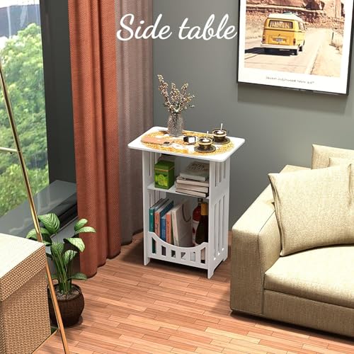 End Table with Storage Shelf Basket, Small White Narrow Bedside Table, Modern Slim Coffee Tables Small Spaces, White Nightstand, Sofa Table for Living Room, Bedroom, Bathroom, Office Furniture.