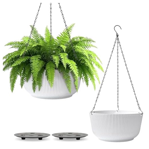 T4U 10 Inch Hanging Planters for Indoor Outdoor Plants, 2 Pack White Self Watering Hanging Plant Pot, Hanging Pots Set with Drainage Hole & Plug & Chain with 3 Hooks for Garden Home Decor