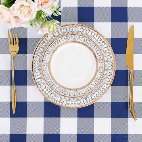 Image of misaya 2 Pack Waterproof Vinyl Table Cloth, Buffalo Flannel Backed Tablecloth, Wipeable Plastic Table Cover for Dinner, Kitchen, Outdoor (54 inch x 54 inch, White and Navy)
