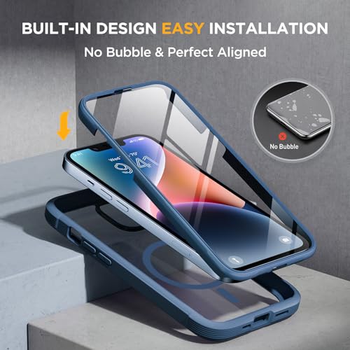 Image of Miracase Magnetic for iPhone 14 Case 6.1'', [Bubble Free] Full-Body Bumper Phone case with Built-in Full Glass Screen &Lens Protector,No Gap,Compatible with MagSafe,Drop Proof 14 Cover,Storm Blue