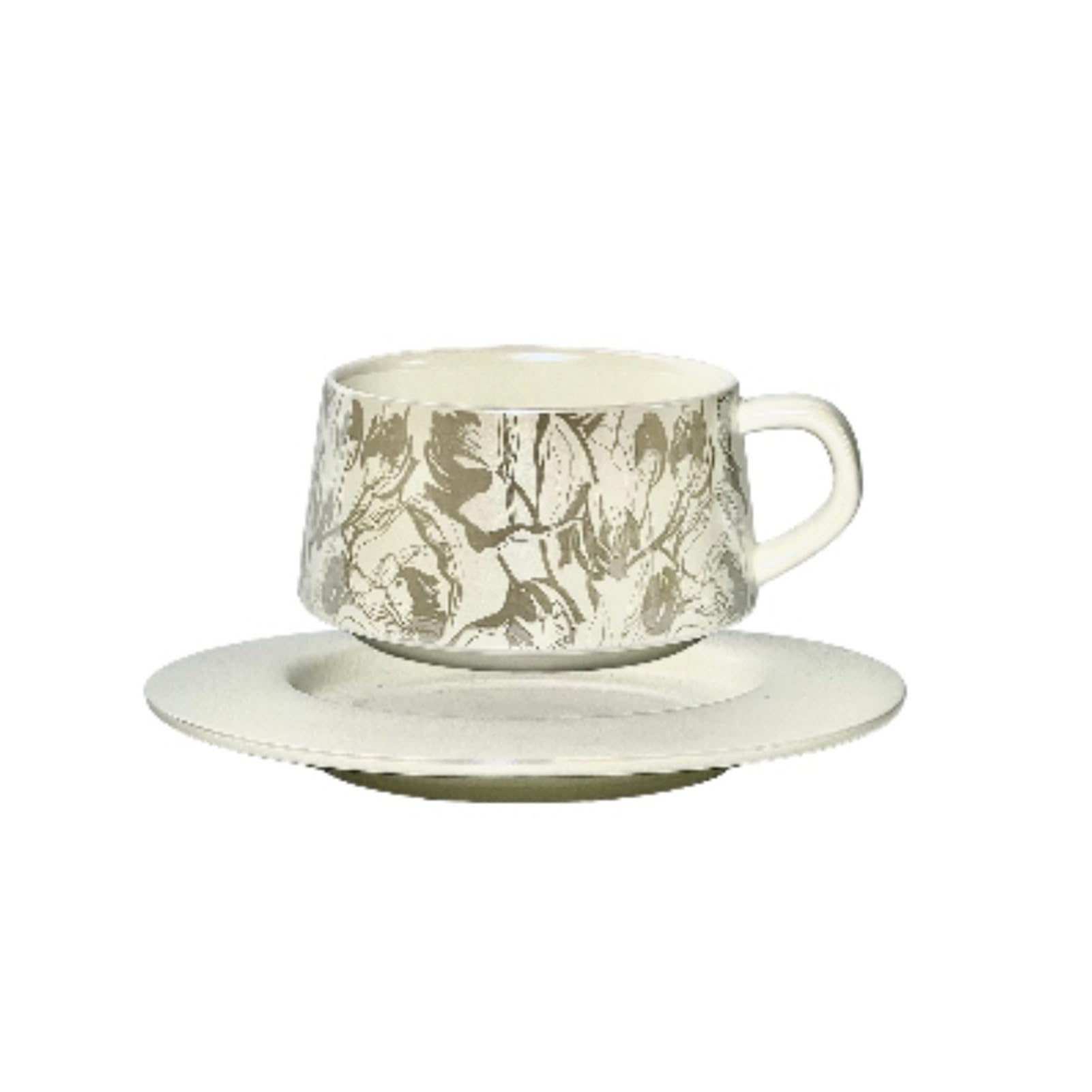 Średniowieczny styl tytanowy ceramiczny kubek do kawy i spodek zestaw 250 ml srebrny kubek z kwiatami papugi (mlecznobiały)