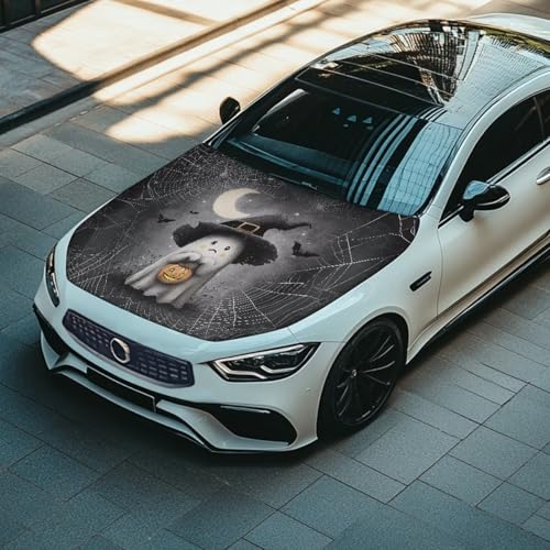Image of Halloween Cute Ghost Car Hood Cover Polyester Elastic Fabrics Can be Washed Suitable for SUV Trucks Universal for Cars