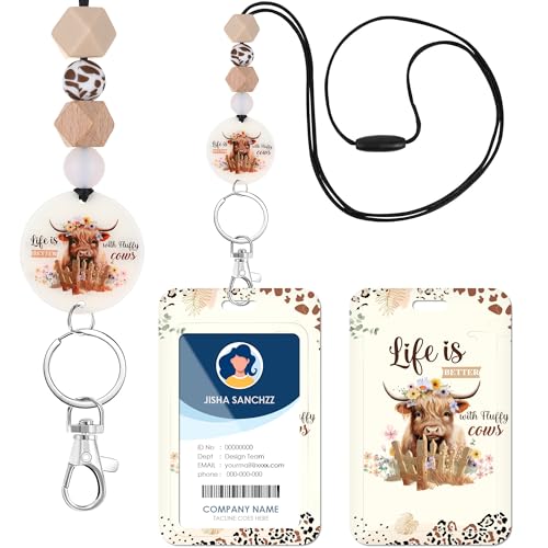 AFRITEE Highland Cow Beaded Lanyard - Teacher Must Haves Back to School Cartoon Cow Lanyard with ID Holder Breakaway Neck ID Badge Holder with Lanyards for Teachers Work Supplies Accessories Gift