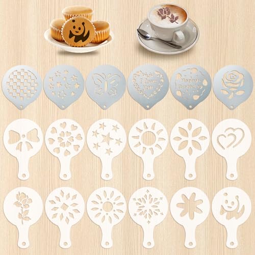 18 Piezas Plantillas de Café, Decoracion de Cafe Plantillas, Cappuccino Plantilla Latte Art Decoración de Pasteles Cookie Stencils para la Decoración de Pasteles de Café de Chocolate