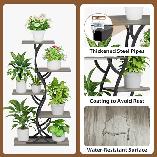 Image of Plant Stand Indoor with Grow Lights - 5 Tiered Corner Plant Shelves (Gray) | 44 inch Tall Metal Plant Shelf, S-Shape Lighted Flower Holder Dispaly Rack for Living Room, Home, Patio, Balcony