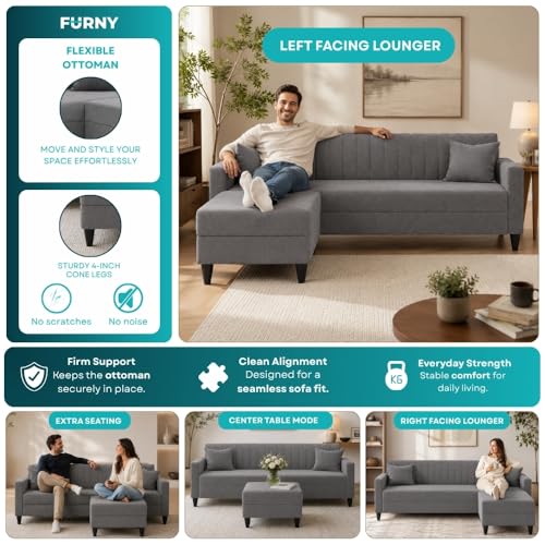 Image of FURNY Luxe 4 Seater L Shape Sofa Set with Movable Ottoman | Flexible Left or Right Layout | Plush Velvet Fabric (Black-Cream) | Perfect for Living Room, Guest Room & Office