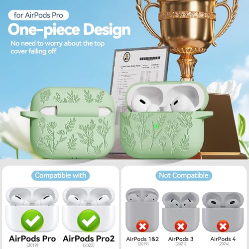 Image of Flower Engraved Case for Apple AirPods Pro 2 Gen with Clean Kit,Soft Silicone Protective Case Cover for AirPod Pro 2nd /1st Generation Keychain,Lanyard,3 Pair Ear Tips,Front LED Visible,Pistachio Green