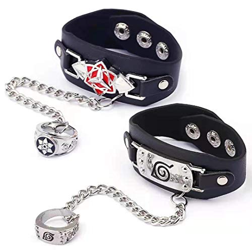 2pcs Anime Ninja Coser Bracelet with Ring PU Black Wristband Teens Cosplay Accessory Punk AE9786