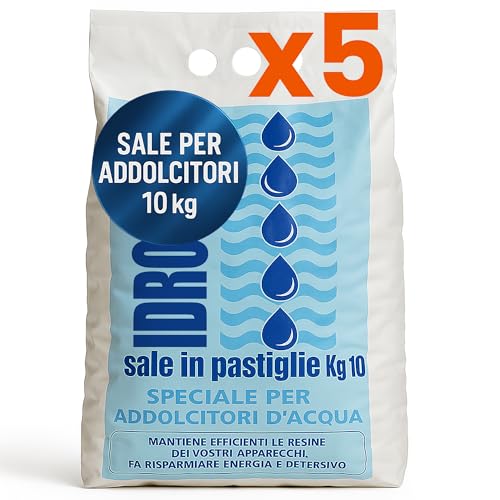 Sale per Addolcitore | Ideale per Addolcitori Domestici - Industriali - Caldaie | Sale Addolcitore Acqua in Pastiglie – 5 Sacchi da 10 kg – Rigenera le Resine e Previene il Calcare | Facile da Usare