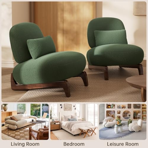 Image of Modern Upholstered Lounge Chair | Premium Fabric Accent Chair with Solid Wooden Legs | Comfortable Single Seater for Living Room, Bedroom & Office (Green)