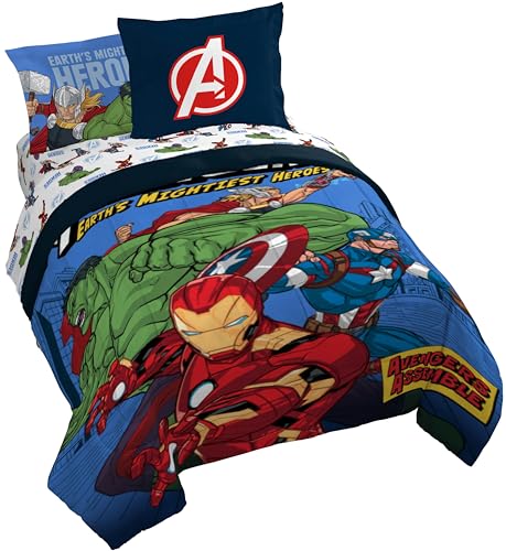 Image of Jay Franco Kids Bed Set, Blue, Avengers, 7 Piece Queen | Cozy Soft Bedding for Stylish Room Decor with Comforter, Sheets & Pillow Covers