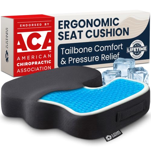 5 STARS UNITED Seat Cushion - Memory Foam & Cooling Gel - Chair Cushion for Tailbone Pain Relief - Ergonomic Support for Coccyx, Sciatica & Butt - Office, Desk & Gaming Chair, Car, Wheelchair, Black