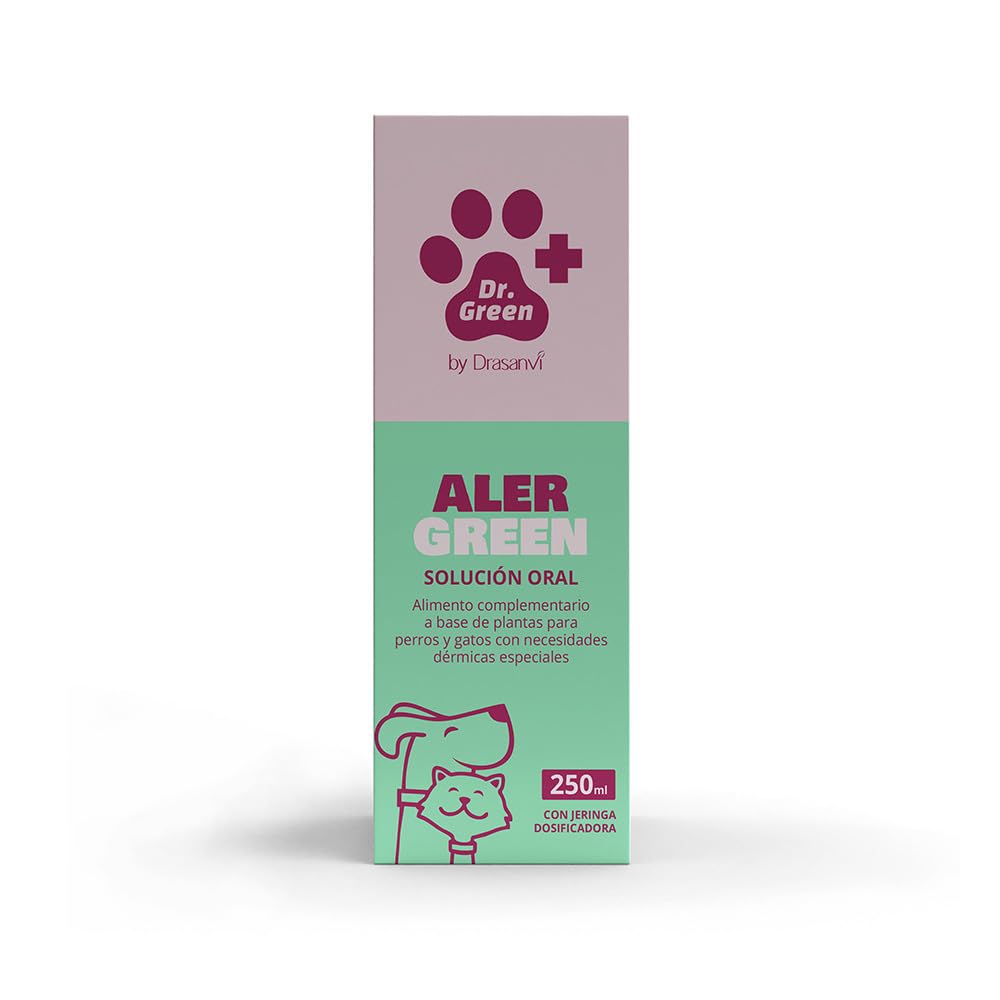 Drasanvi AlerGreen para Perros y Gatos | Solución Oral 250 ml Natural para Alergias, Picor e Inflamación | Omega 3 y 6 Quercetina y PEA | Cuidado Especial de la Piel Sensible con Jeringa Dosificadora