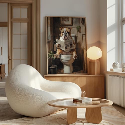 Image of Bulldog on Toile Wood Framedt Wall Art Print Poster, Dog Bathroom Humor Decor Posters Prints for Restroom Home Picture Painting Artwork Gallery 7 (Bulldog, 11 inchW x 14 inchL, Wood Frame)