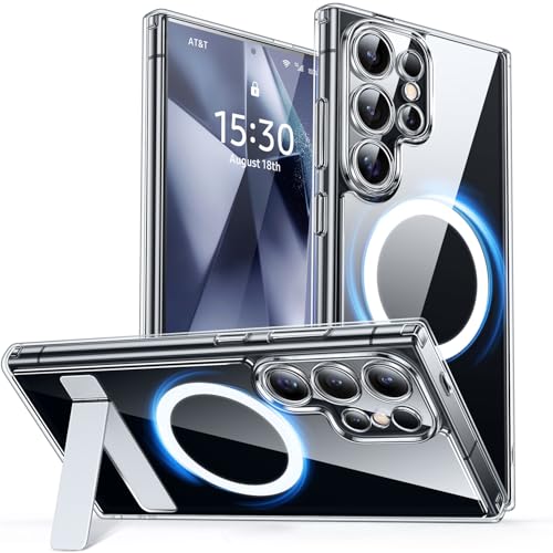 Image of CANSHN Strong Magnetic & Seamless Stand Designed for Samsung Galaxy S24 Ultra Case Clear [Full Camera Protection] [Adjustable Kickstand] [Compatible with MagSafe] Protective Phone Cover - Clear