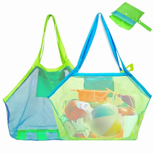 2 Stück Sandspielzeug Tasche netz Strandspielzeug Tasche Groß netztasche sandspiellzeug für Sandspiellzeug Wasserspielzeug Wiederverwendbare und Faltbare Beachbag Faltbar für Familie Urlaub.