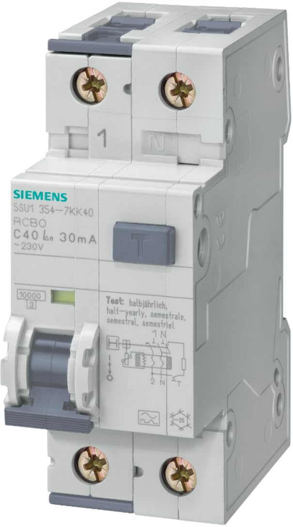 Siemens 5SU1353 – 1 KK32 Rcbo ELM, 4, 5 KA, 1P + n, tipo AC, 30 mA, c-​char, in: 32 A, un AC: 230 V, bianco