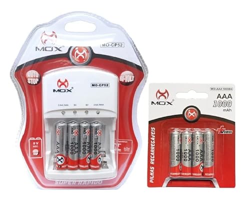 Kit Com 8 Pilhas AAA Palito Recarregaveis + Carregador Bivolt Automático AA AAA 9V