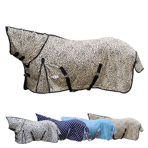 RL24 - Fliegendecke mit Halsteil & Kreuzgurt Design Leopard Ekzemerdecke mit verstellbaren Kreuzgurten & Schweiflatz Decke zum Schutz vor Insekten Outdoor-Pferdedecke 135 cm