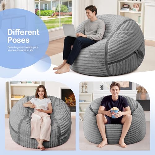 Image of 3FT Bean Bag Chair 3'Big Bean Bag Chairs with Adults, Large Beanbag Chair | Bean bags with Machine Washable Cover Corded Plush Fabric, Comfy Chairs for Living Room, Bedroom, Dorm, Lightgrey