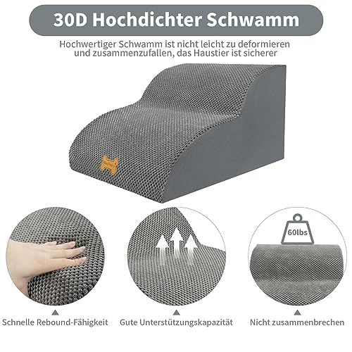 Nepfaivy Hundetreppe für Kleine Hunde 2-Stufig, Haustiertreppe für Bett und Sofa aus Hochdichtem Schwamm, Hunde Treppe Hunderampe mit Abnehmbarem, Waschbarem Bezug und Rutschfestem Boden, 55x40x30cm