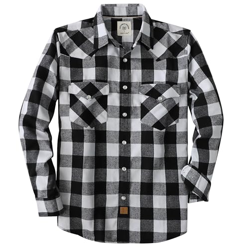 Dubinik® 6 oz Chemise Flanelle Homme Chemise Homme Manches Longues Chemise Fermeture à Pression Vintage Western Cowboy Casual Noir Blanc Plaid Buffalo S