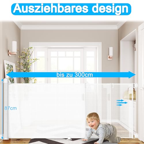 YUENFONG Treppenschutzgitter Ausziehbar Türschutzgitter, 0-300 cm Absperrgitter Schutzgitter Baby Kindergitter, Treppenschutz Treppenschutzrollo Türgitter Einziehbares Tür, Weiß