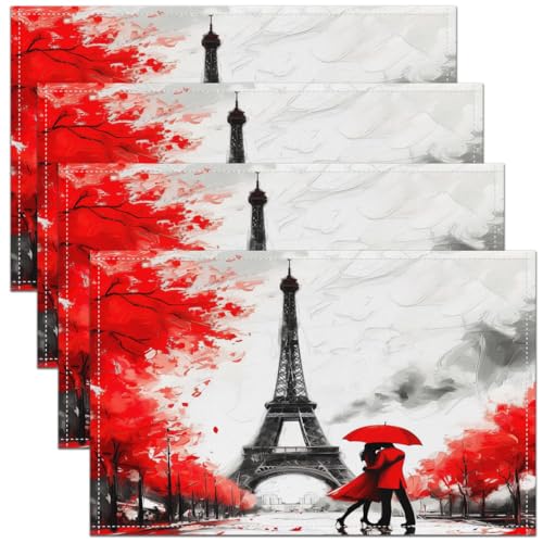 Tour Eiffel Tapis de Table Lot de 4 Femme,Romantique Rue de Paris Sets de Table 45x30,Couple Couple Fleur Rouge Sets de Table,Français Imperméable Tapis de...