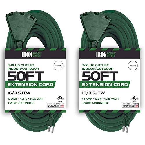Iron Forge Cable 2 Pack Outdoor Extension Cord 50 Ft With 3 Outlet, 16/3 Weatherproof 50 Ft Green Extension Cord With Multiple Outlets 3 Prong For Landscaping, Lawn Mower, & Major Appliances #TOP7