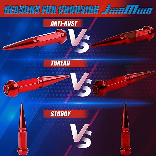 Image of JiiinMiiin M10x1.25 Long Steel Spike Lug Nuts, Thread Pitch 10x1.25, Set of 16 ATV Wheel Nuts with A Socket. [Red]