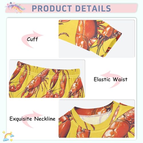 Pajama Sets Long Sleeve Crayfish Pattern on Yellow Background Soft Comfy Sleepwear 2 Piece PJS 3-8T4
