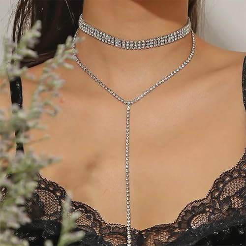 Inateannal Breite Strass Choker Halskette Funkelnde Kristall Tennis Kette Halskette Lange Strass Y Tropfen Halsketten Silber Tennis Y Lariat Kette Hochzeit Schmuck Für Frauen