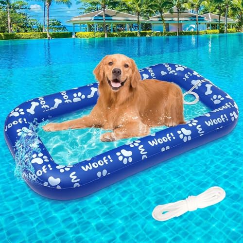 Bouée Piscine pour Chien 143 cm x 80 cm Flotteur Gonflable pour Chiot et Chien Chats jusqu'à 80 kg avec Corde de Remorquage de 198 cm – Été pour Piscine...