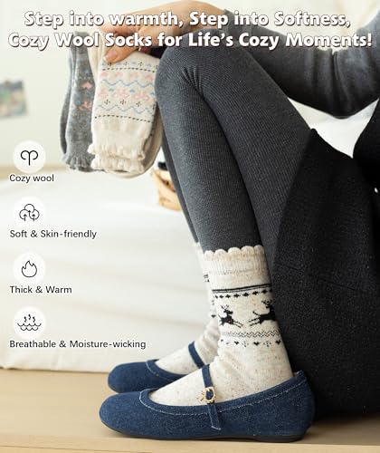 Image of IIG Cute Warm Wool Socks for Women Super Cozy Thick Crew Winter Socks Gifts, 5 Pairs