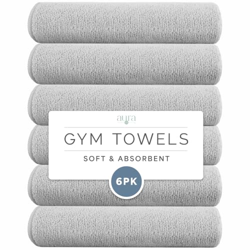 S&T INC. Microfiber Gym Towels, 6 Pack, 16" x 27", Light Grey