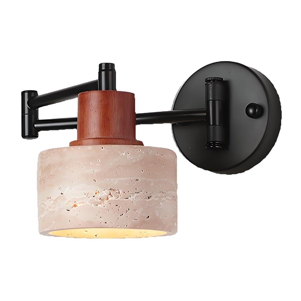 FEITENGDA Industry Yellow Travertine Shade Wall Sconce Modern Adjustable Swing Arm Wall Light Japanese Solid Wood Accent Wall Lamp for Bedroom Living Room Hallway Study