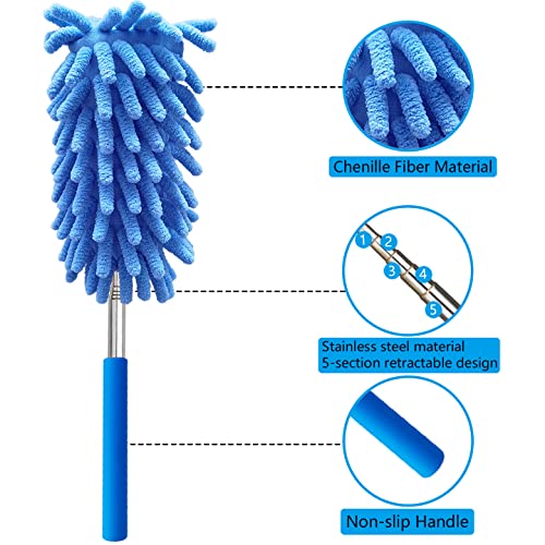 Microfiber Duster With 3 Pcs Replaceable Microfiber Head, 10" To 30" Extendable Pole, Washable Dusters For Cleaning, Cleaning Supplies For Office, Car, Window, Furniture, Ceiling Fan (Sky Blue) #TOP2
