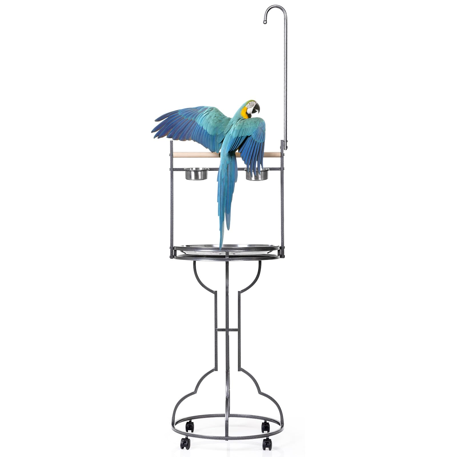 LeFluffy Parrot Stand, Stainless Steel Feed Bowls, Large Bird Playstand, Metal Bird Table Play Stand, Macaw Play Gym Ground Stand Rolling Wheel, Pet Gift