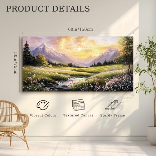 crmotu Landscape Wall Art, Mountain Wall Art, Countryside Scenic Canvas Prints, Nature River Wildflower Spring Oversized Paintings for Living Room Bedroom Dining Room Farmhouse Cottage 30x60inch
