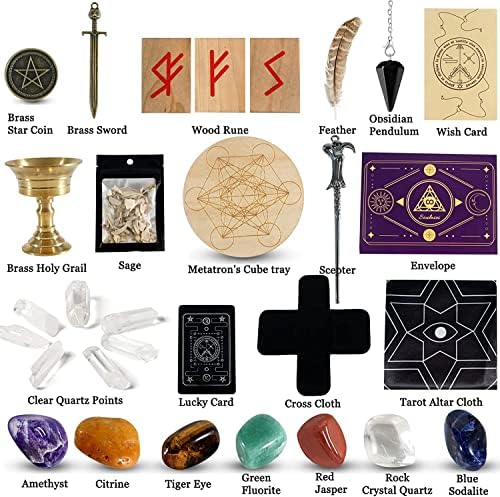 Soulnioi Crystals Healing Stones Set, Witchcraft Supplies Set with 7 Chakra Stones, Sage, Scepter, Star Coin, Sword, Grail, Obsidian Pendulum, Turkey Feather, Rune for Meditation Spiritual Healing