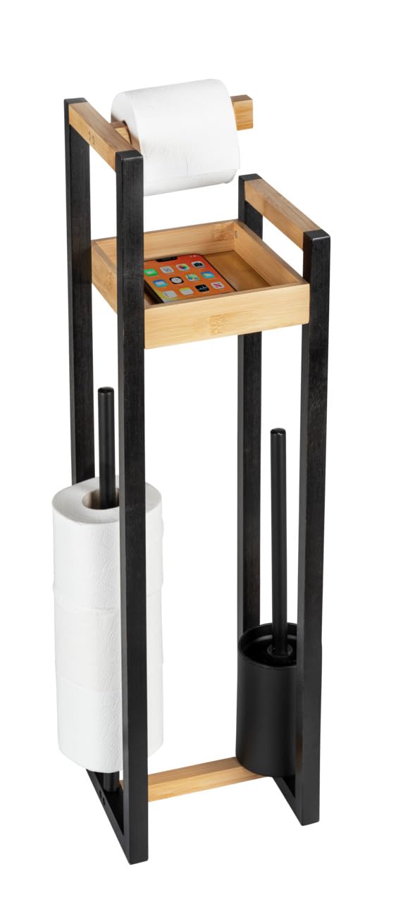 WENKO Stand WC-Garnitur Mod. Braidi 4in1 FSC Zertifiziert aus Bambus mit Toilettenbürste Rollenhalter und Ablage Maße 26 x 75,5 x 20 cm Farbe Natur Schwarz