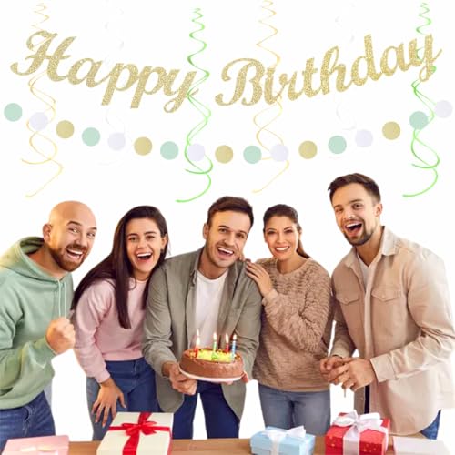 Image of Champagne-Gold White Sage-Green Women Birthday Decorations Huglony | 21pcs Boho Party Happy Banner,Streamers,Paper Lanterns,Pom Poms Fans 13th 18th 21st 30th 40th 50th 60th Birthday Backdrop