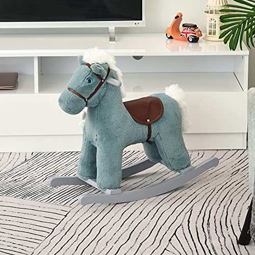 HOMCOM Kinder Schaukelpferd Baby Schaukeltier mit Tiergeräusche Spielzeug Haltegriffe für 18-36 Monate Plüsch Blau 65 x… – Bild 3